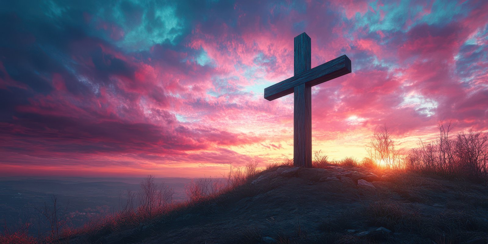 Cross silhouette against a vibrant sunset sky over a hilltop landscape with dramatic clouds and warm colors